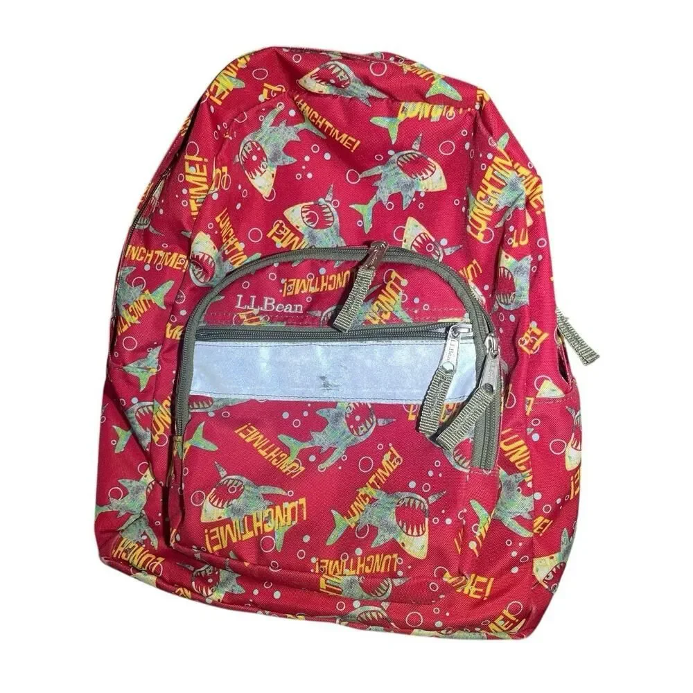 LL Bean Junior Backpack Multicolor Shark Pattern Padded Book Bag With Lunch Bag